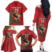 Morocco Rugby Custom Family Matching Off The Shoulder Long Sleeve Dress and Hawaiian Shirt Lion Mascot Green Star