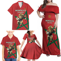 Morocco Rugby Custom Family Matching Off Shoulder Maxi Dress and Hawaiian Shirt Lion Mascot Green Star