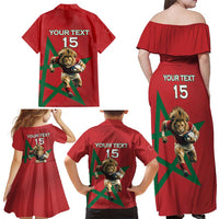 Morocco Rugby Custom Family Matching Off Shoulder Maxi Dress and Hawaiian Shirt Lion Mascot Green Star