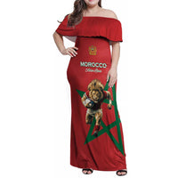 Morocco Rugby Custom Family Matching Off Shoulder Maxi Dress and Hawaiian Shirt Lion Mascot Green Star