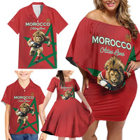 Morocco Rugby Custom Family Matching Off Shoulder Short Dress and Hawaiian Shirt Lion Mascot Green Star