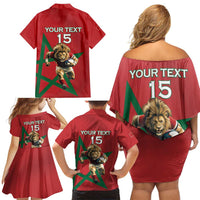 Morocco Rugby Custom Family Matching Off Shoulder Short Dress and Hawaiian Shirt Lion Mascot Green Star