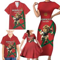 Morocco Rugby Custom Family Matching Short Sleeve Bodycon Dress and Hawaiian Shirt Lion Mascot Green Star