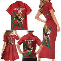 Morocco Rugby Custom Family Matching Short Sleeve Bodycon Dress and Hawaiian Shirt Lion Mascot Green Star