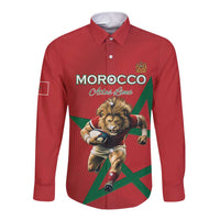Morocco Rugby Custom Long Sleeve Button Shirt Lion Mascot Green Star