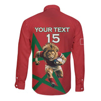 Morocco Rugby Custom Long Sleeve Button Shirt Lion Mascot Green Star