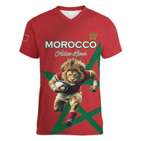 Morocco Rugby Custom Women V-Neck T-Shirt Lion Mascot Green Star