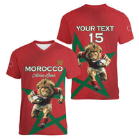 Morocco Rugby Custom Women V-Neck T-Shirt Lion Mascot Green Star