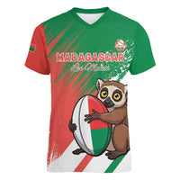 Madagascar Rugby Custom Women V-Neck T-Shirt Go Les Makis - Wonder Print Shop