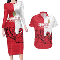 Custom Denmark Football Couples Matching Long Sleeve Bodycon Dress and Hawaiian Shirt Red and Whites Scandinavia Pattern - Wonder Print Shop