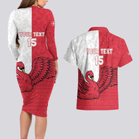 Custom Denmark Football Couples Matching Long Sleeve Bodycon Dress and Hawaiian Shirt Red and Whites Scandinavia Pattern - Wonder Print Shop