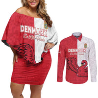 Custom Denmark Football Couples Matching Off Shoulder Short Dress and Long Sleeve Button Shirt Red and Whites Scandinavia Pattern - Wonder Print Shop