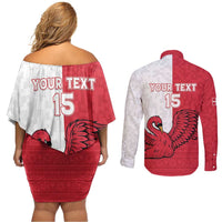 Custom Denmark Football Couples Matching Off Shoulder Short Dress and Long Sleeve Button Shirt Red and Whites Scandinavia Pattern - Wonder Print Shop