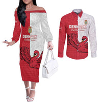 Custom Denmark Football Couples Matching Off The Shoulder Long Sleeve Dress and Long Sleeve Button Shirt Red and Whites Scandinavia Pattern - Wonder Print Shop