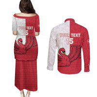 Custom Denmark Football Couples Matching Puletasi and Long Sleeve Button Shirt Red and Whites Scandinavia Pattern - Wonder Print Shop