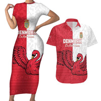 Custom Denmark Football Couples Matching Short Sleeve Bodycon Dress and Hawaiian Shirt Red and Whites Scandinavia Pattern - Wonder Print Shop