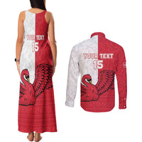 Custom Denmark Football Couples Matching Tank Maxi Dress and Long Sleeve Button Shirt Red and Whites Scandinavia Pattern - Wonder Print Shop