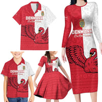 Custom Denmark Football Family Matching Long Sleeve Bodycon Dress and Hawaiian Shirt Red and Whites Scandinavia Pattern - Wonder Print Shop