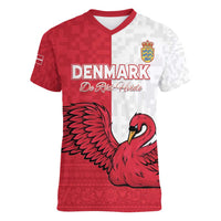 Custom Denmark Football Women V-Neck T-Shirt Red and Whites Scandinavia Pattern - Wonder Print Shop