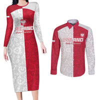 Custom Poland Football Couples Matching Long Sleeve Bodycon Dress and Long Sleeve Button Shirt White-Reds Floral Polish Pattern - Wonder Print Shop