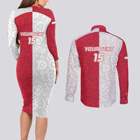 Custom Poland Football Couples Matching Long Sleeve Bodycon Dress and Long Sleeve Button Shirt White-Reds Floral Polish Pattern - Wonder Print Shop