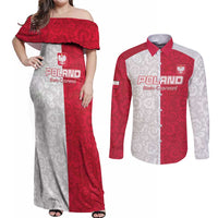 Custom Poland Football Couples Matching Off Shoulder Maxi Dress and Long Sleeve Button Shirt White-Reds Floral Polish Pattern - Wonder Print Shop