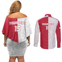 Custom Poland Football Couples Matching Off Shoulder Short Dress and Long Sleeve Button Shirt White-Reds Floral Polish Pattern - Wonder Print Shop