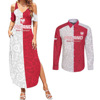 Custom Poland Football Couples Matching Summer Maxi Dress and Long Sleeve Button Shirt White-Reds Floral Polish Pattern - Wonder Print Shop