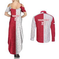 Custom Poland Football Couples Matching Summer Maxi Dress and Long Sleeve Button Shirt White-Reds Floral Polish Pattern - Wonder Print Shop