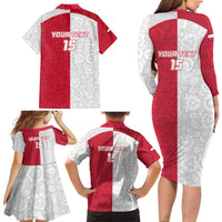 Custom Poland Football Family Matching Long Sleeve Bodycon Dress and Hawaiian Shirt White-Reds Floral Polish Pattern - Wonder Print Shop
