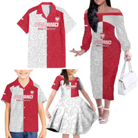 Custom Poland Football Family Matching Off The Shoulder Long Sleeve Dress and Hawaiian Shirt White-Reds Floral Polish Pattern - Wonder Print Shop