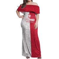Custom Poland Football Off Shoulder Maxi Dress White-Reds Floral Polish Pattern - Wonder Print Shop