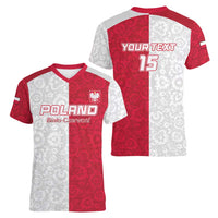 Custom Poland Football Women V-Neck T-Shirt White-Reds Floral Polish Pattern - Wonder Print Shop