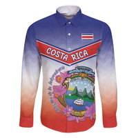 Personalized Costa Rica Independence Day Family Matching Puletasi and Hawaiian Shirt Coat Of Arms With Purple Guaria Morada Orchid - Wonder Print Shop