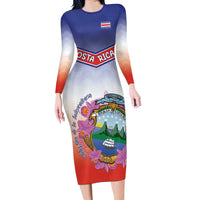 Personalized Costa Rica Independence Day Long Sleeve Bodycon Dress Coat Of Arms With Purple Guaria Morada Orchid - Wonder Print Shop