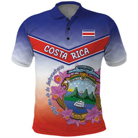 Personalized Costa Rica Independence Day Polo Shirt Coat Of Arms With Purple Guaria Morada Orchid - Wonder Print Shop