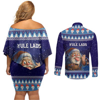 Iceland Christmas Askasleikir Couples Matching Off Shoulder Short Dress and Long Sleeve Button Shirt The Yule Lads Bowl Licker - Wonder Print Shop
