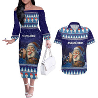 Iceland Christmas Askasleikir Couples Matching Off The Shoulder Long Sleeve Dress and Hawaiian Shirt The Yule Lads Bowl Licker - Wonder Print Shop