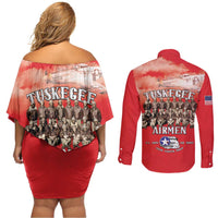 Remembering Tuskegee Airmen Couples Matching Off Shoulder Short Dress and Long Sleeve Button Shirt Heroes of the 332nd Squadron Red Art - Wonder Print Shop