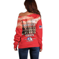 Remembering Tuskegee Airmen Off Shoulder Sweater Heroes of the 332nd Squadron Red Art - Wonder Print Shop