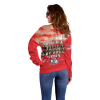 Remembering Tuskegee Airmen Off Shoulder Sweater Heroes of the 332nd Squadron Red Art - Wonder Print Shop