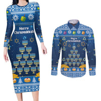 Personalised Jewish Hanukkah Xmas Couples Matching Long Sleeve Bodycon Dress and Long Sleeve Button Shirt Merry Chrismukkah - Wonder Print Shop