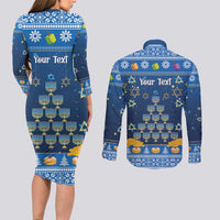 Personalised Jewish Hanukkah Xmas Couples Matching Long Sleeve Bodycon Dress and Long Sleeve Button Shirt Merry Chrismukkah - Wonder Print Shop