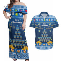 Personalised Jewish Hanukkah Xmas Couples Matching Off Shoulder Maxi Dress and Hawaiian Shirt Merry Chrismukkah - Wonder Print Shop