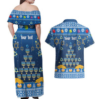 Personalised Jewish Hanukkah Xmas Couples Matching Off Shoulder Maxi Dress and Hawaiian Shirt Merry Chrismukkah - Wonder Print Shop