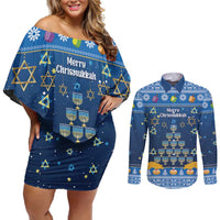 Personalised Jewish Hanukkah Xmas Couples Matching Off Shoulder Short Dress and Long Sleeve Button Shirt Merry Chrismukkah - Wonder Print Shop