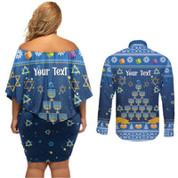 Personalised Jewish Hanukkah Xmas Couples Matching Off Shoulder Short Dress and Long Sleeve Button Shirt Merry Chrismukkah - Wonder Print Shop