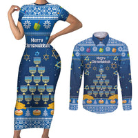Personalised Jewish Hanukkah Xmas Couples Matching Short Sleeve Bodycon Dress and Long Sleeve Button Shirt Merry Chrismukkah - Wonder Print Shop