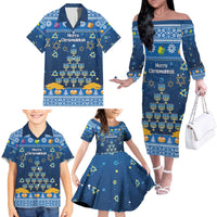Personalised Jewish Hanukkah Xmas Family Matching Off The Shoulder Long Sleeve Dress and Hawaiian Shirt Merry Chrismukkah - Wonder Print Shop