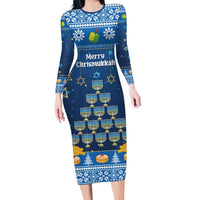Personalised Jewish Hanukkah Xmas Long Sleeve Bodycon Dress Merry Chrismukkah - Wonder Print Shop